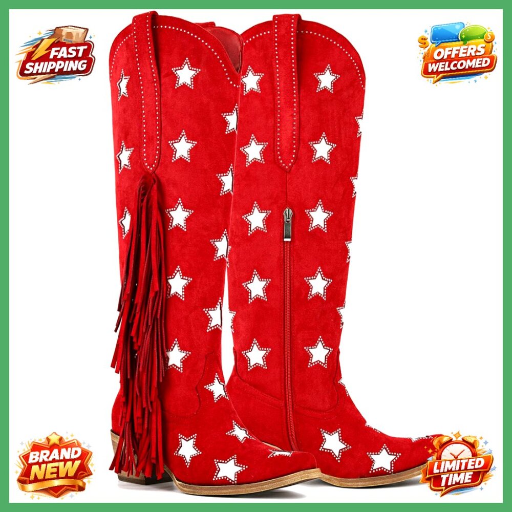 Knee High Cowboy Boots Fringe Western Suede Rhinestone Stars Boho Chic